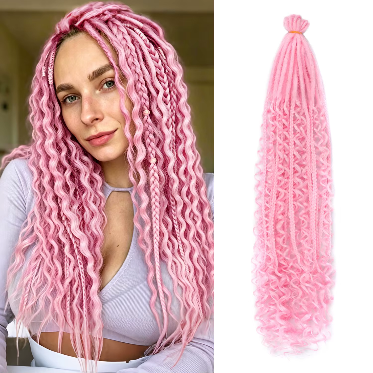 Extensions de dreadlocks synthétiques bouclées de 24 pouces, style bohème, 10 pièces, avec tresses box braids faites à la main, style hippie