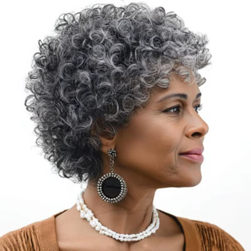 Perruque complète en cheveux humains bouclés courts gris-gris de haute qualité
