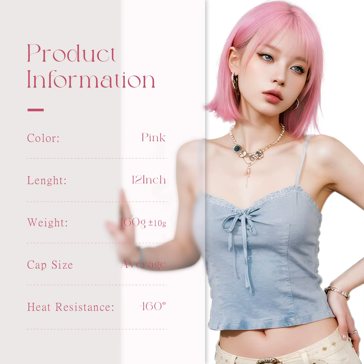 Perruque synthétique rose style bob pour Halloween