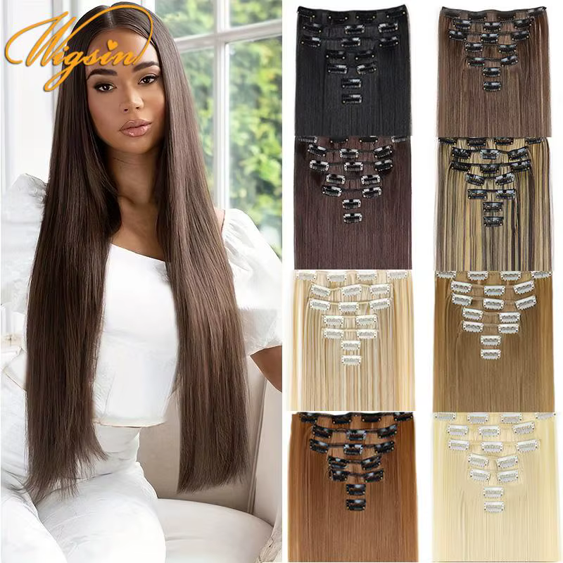 WIGSIN 24 pouces synthétique 7 pièces/ensemble Extension de cheveux longs raides 16Clips coiffure noir blond postiche pour les femmes
