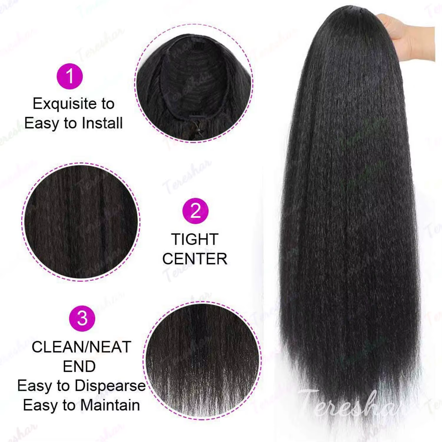 Extension de queue de cheval synthétique avec frange pour femmes noires Yaki cordon droit