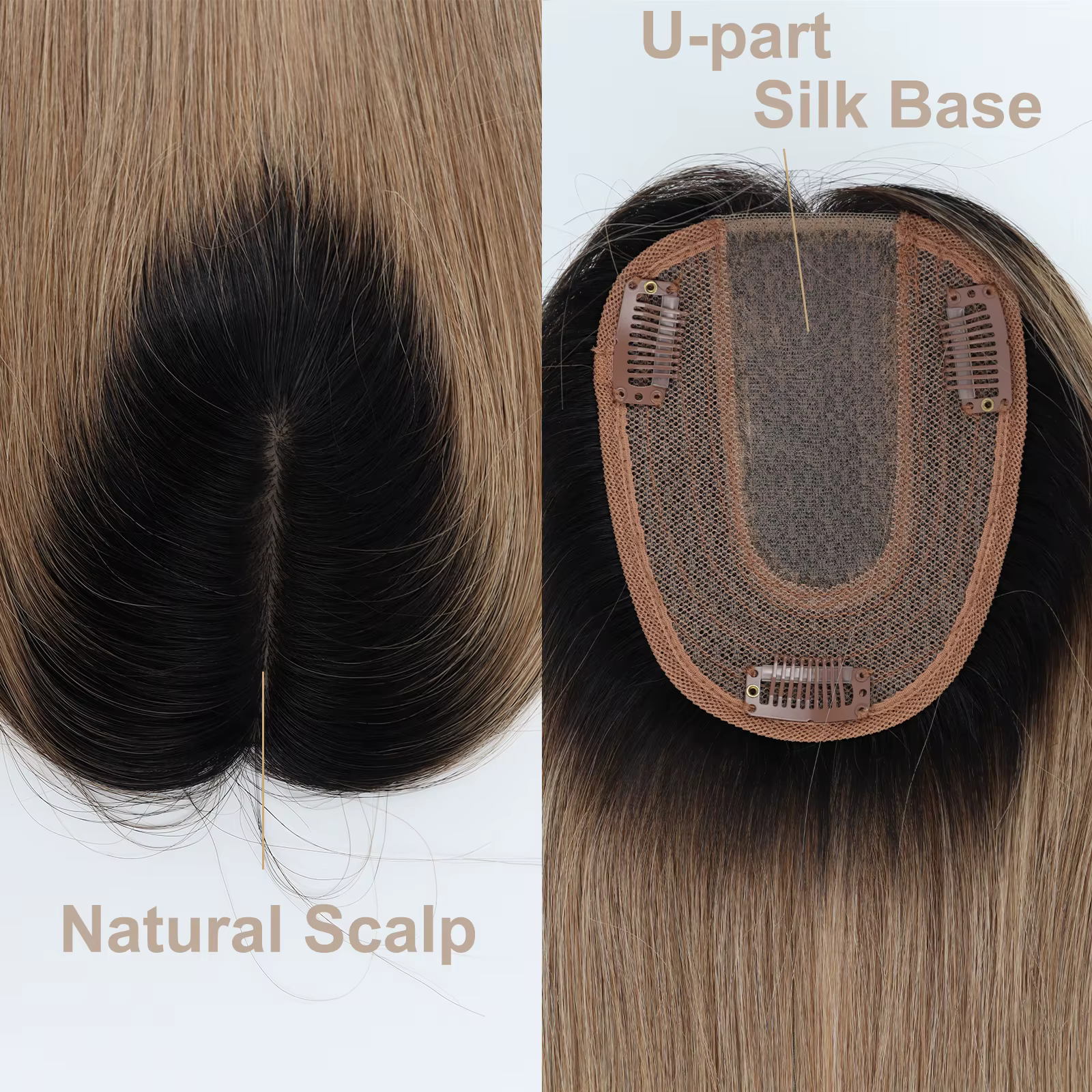 Topper de Base en soie blonde ombrée avec clips en Extensions de cheveux humains européens bicolores de 14 pouces pour