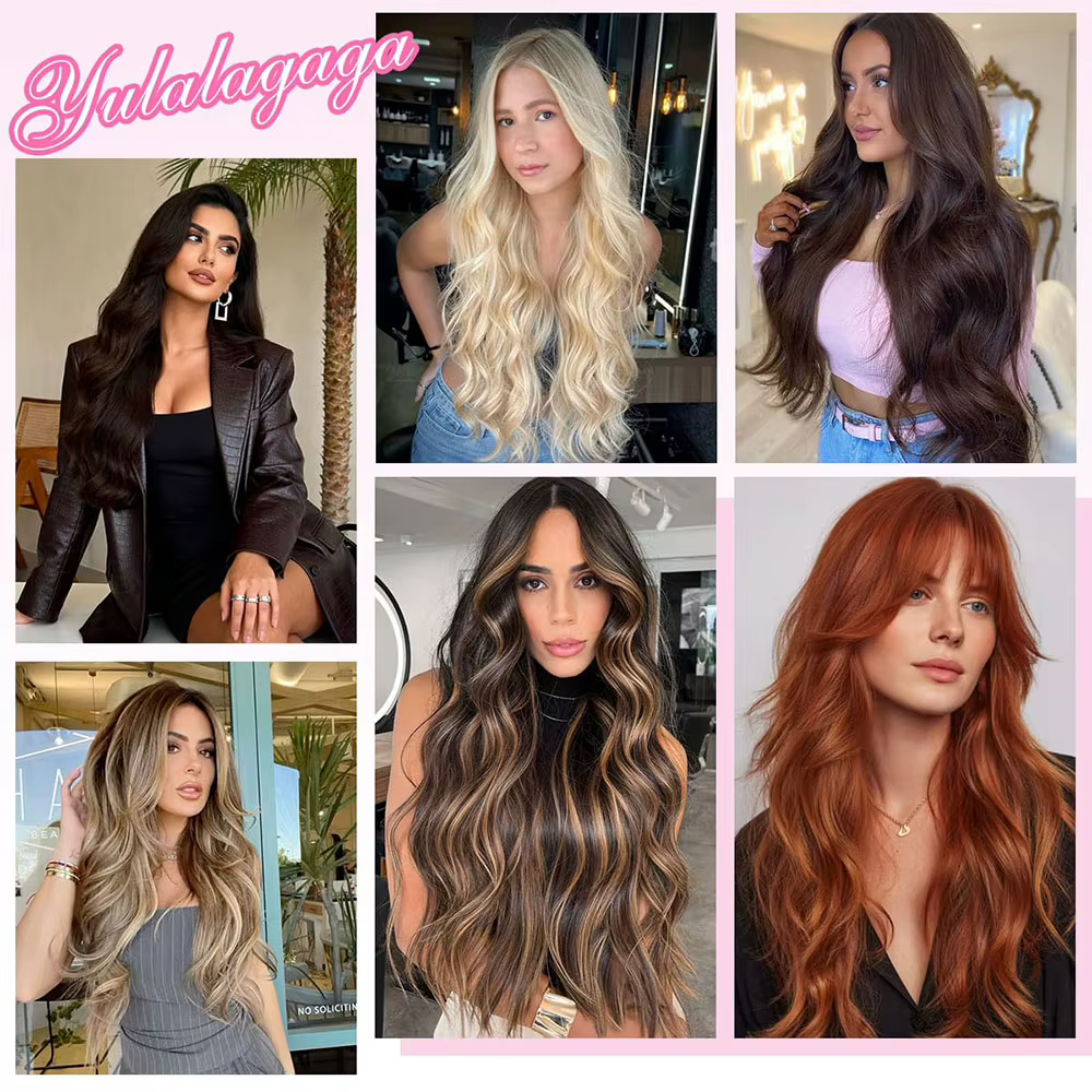 Extensions de cheveux synthétiques ondulées longues rouges cuivrées à clipser