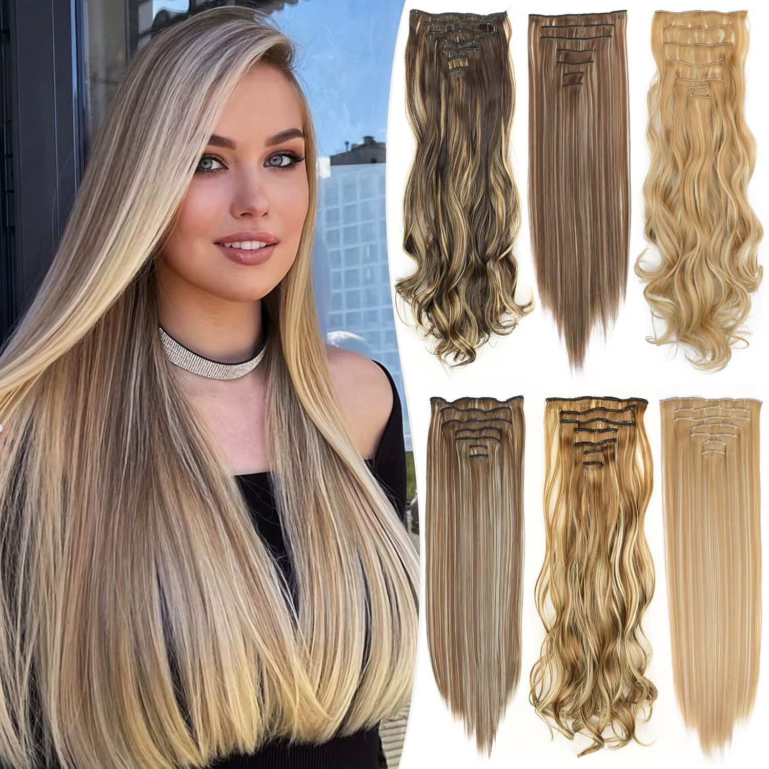 Coiffure longue droite 16 Clips 7 pièces/ensemble Extensions de cheveux naturel synthétique Blonde noir postiches résistant à la chaleur pour les femmes