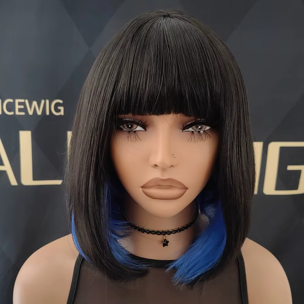 2025 Nouvelle perruque bleue, perruque Bob synthétique bleue mixte noire