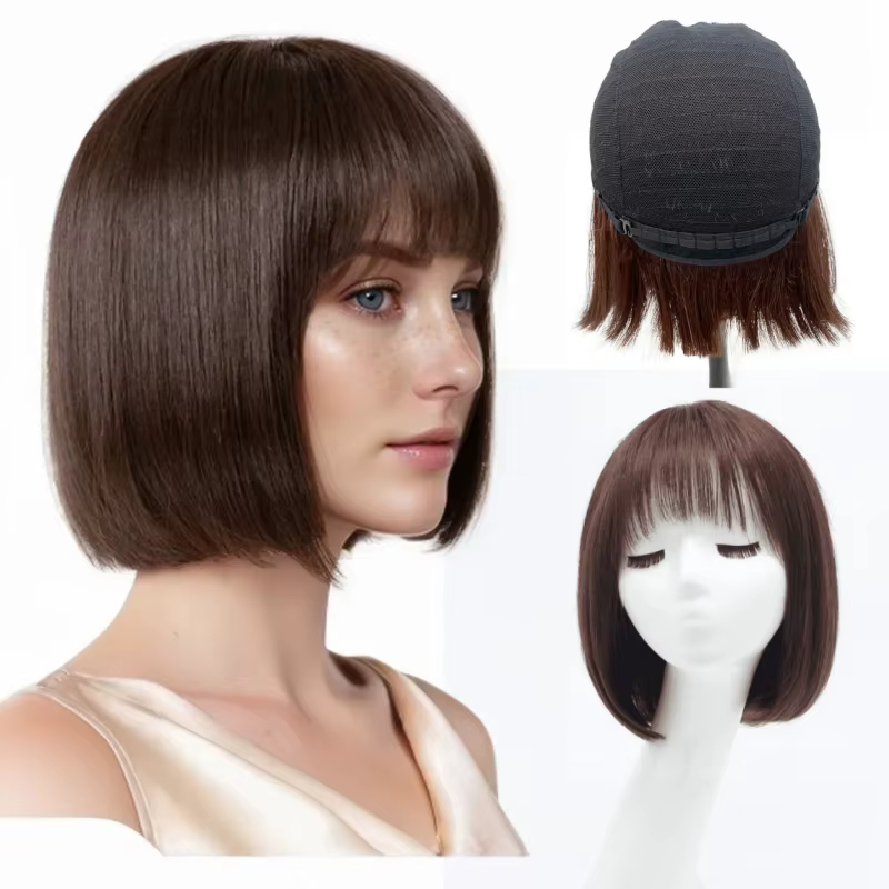 Perruque Bob courte de cheveux humains pour femmes perruques droites Toppers avec frange
