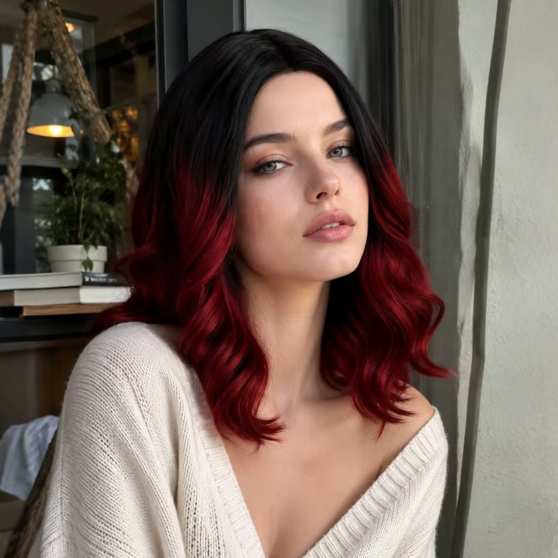 Perruque synthétique bouclée à raie centrale pour femme, 16 pouces, dégradé noir et bordeaux, adaptée à diverses occasions élégantes.