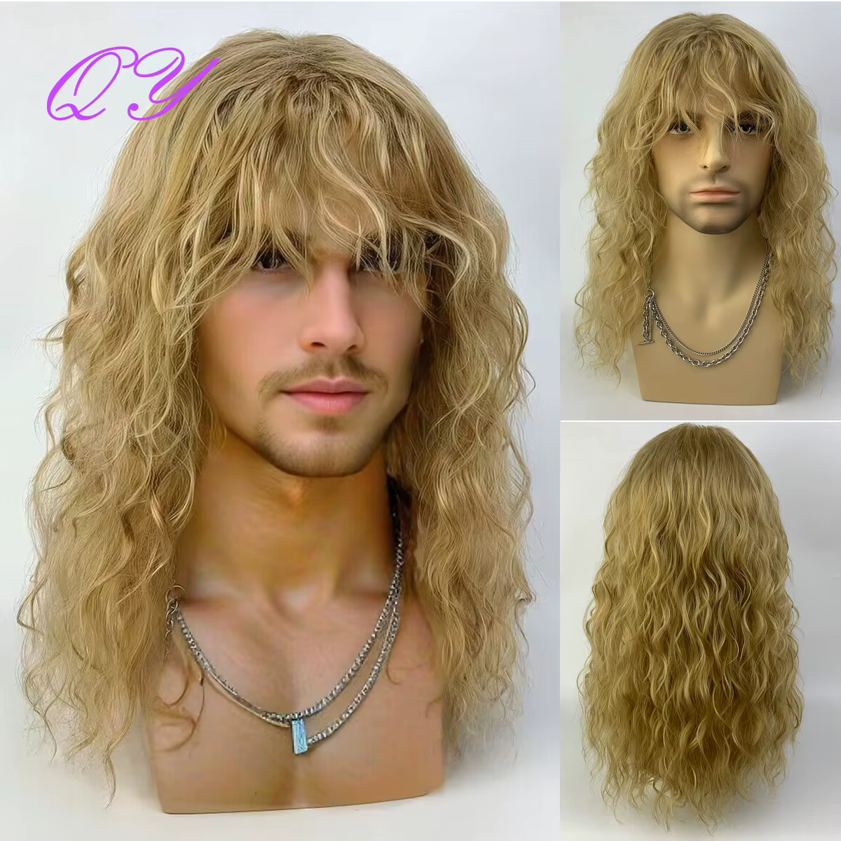 Perruque Synthétique Bouclée avec Frange pour Homme