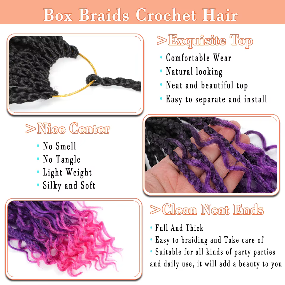 Extensions de tresses bohémiennes longues de 18 pouces, tresses de boîte de déesse, cheveux au crochet, cheveux synthétiques noirs, violets et roses, tresses hippies bohèmes