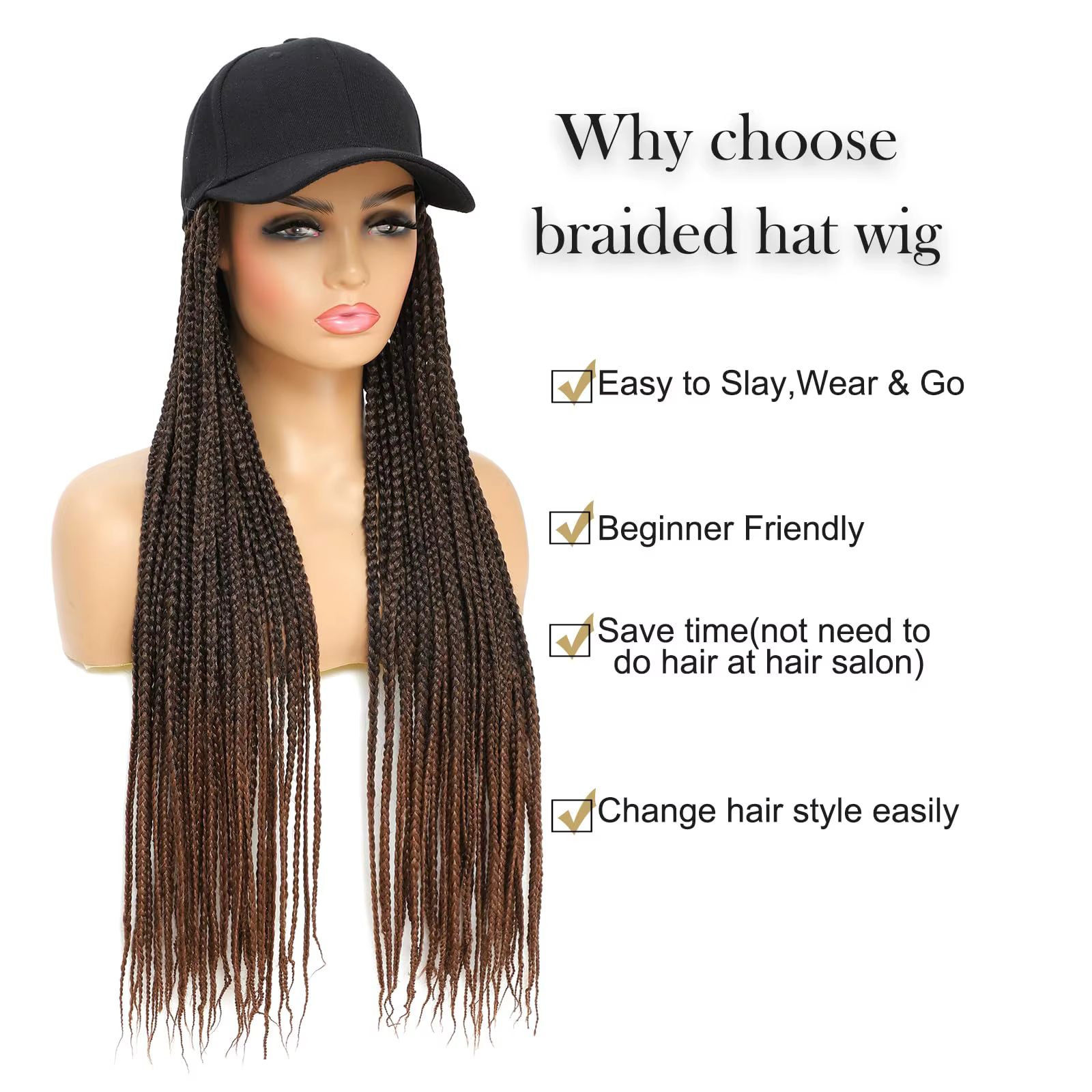 Casquette perruque pour femme avec cheveux tressés intégrés