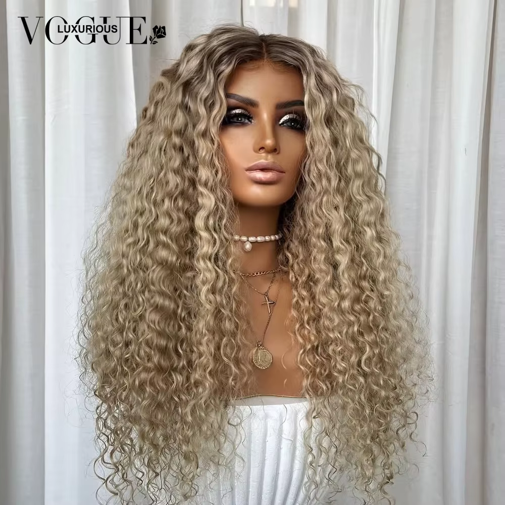LUX VOGUE 260% frêne brume dorée crépus bouclés 100% perruque de cheveux vierges ombre de racine casquette respirante Construction 13x6 mise à niveau couleur nue