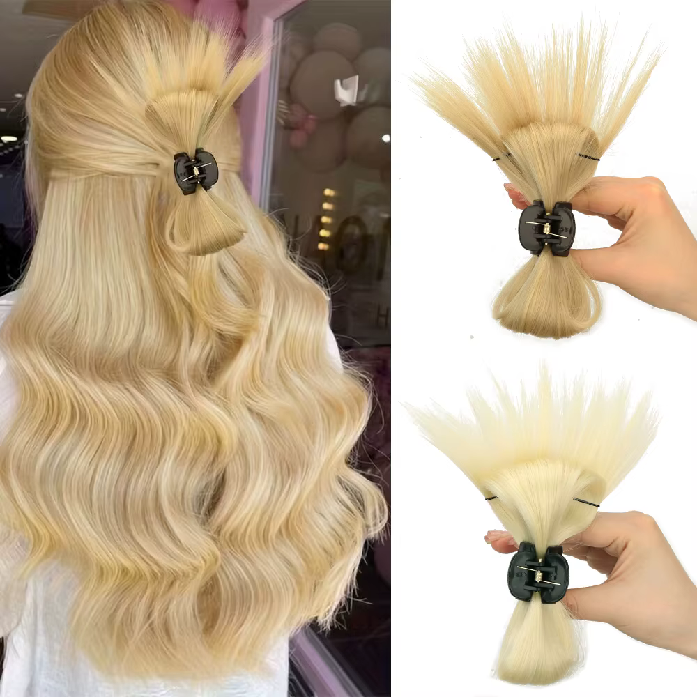 Extension de faux cheveux synthétiques chignon droit avec griffe Updo plume de poulet volant tête postiche pour fille femmes Chignons
