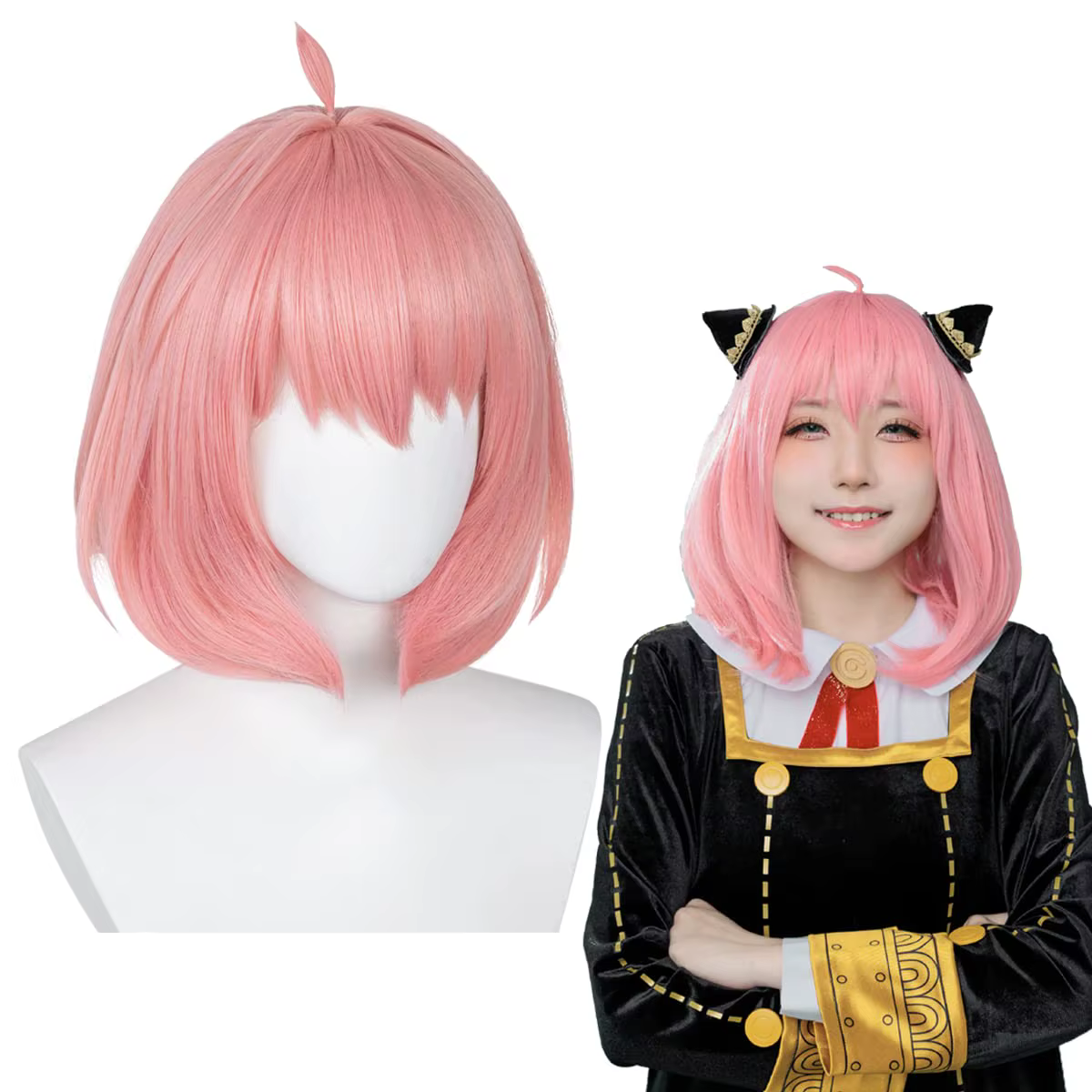 Anya Forger-Perruque Bob Rose Synthétique pour Halloween