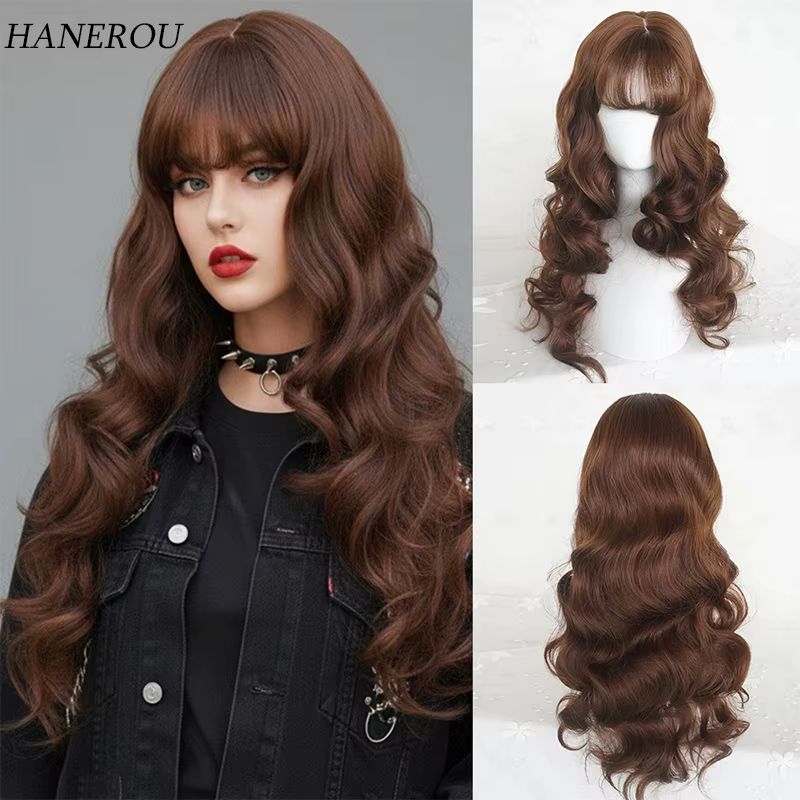 Perruque synthétique longue bouclée ondulée châtain brun avec frange pour femme, style gothique Lolita et usage quotidien, cheveux artificiels réalistes