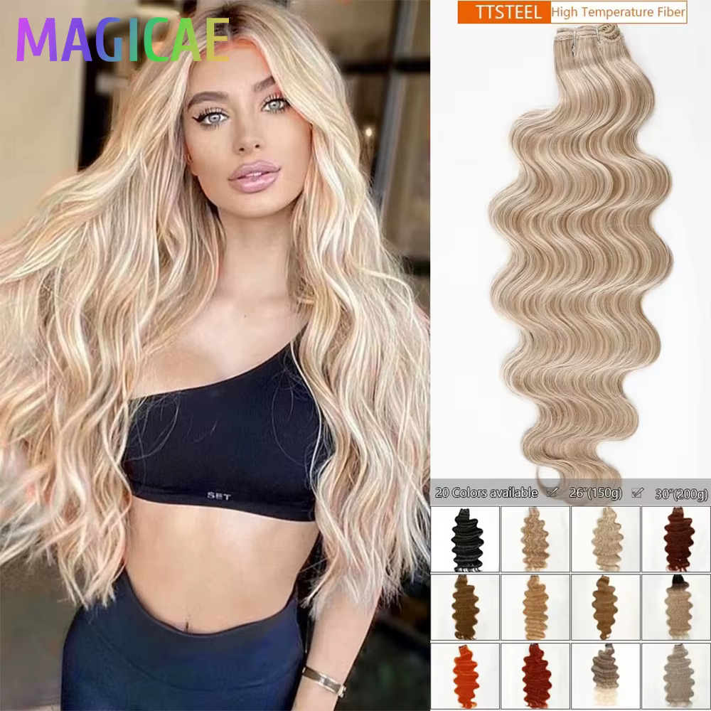 30 pouces 200 grammes surbrillance blonde 27/613 Ombre Brown 6 # Extension de cheveux synthétiques à haute température, Body Wave, Bio-Protain