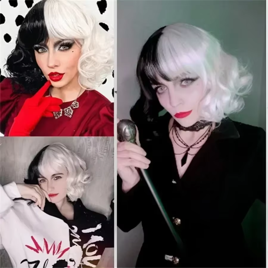 CRUELLA Deville De Vil noir blanc avec frange courte Bob résistant à la chaleur perruque De cheveux Cosplay Halloween