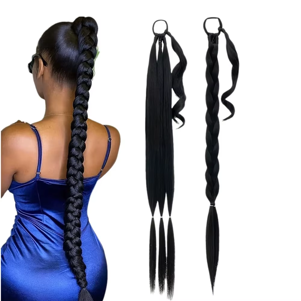 Extension de queue de cheval tressée longue synthétique avec attache de cheveux enveloppement droit autour du morceau