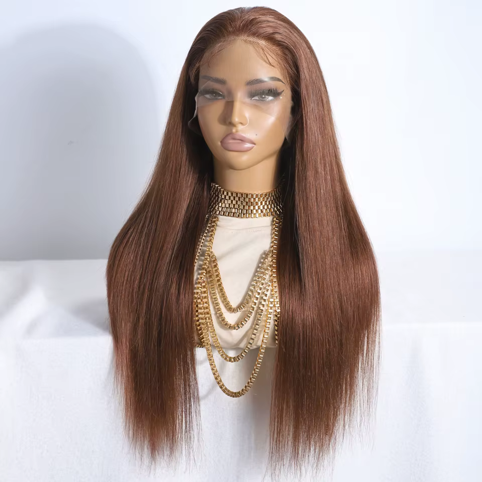 Perruques Lekker 100% Cheveux Humains Sans Colle Marron 30" Longues Lisses 13x5 Lace Frontal Pour Femmes