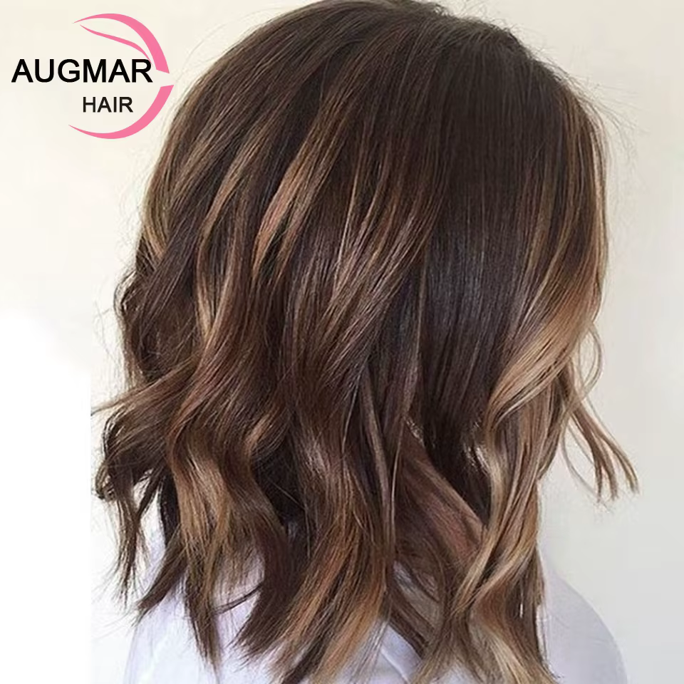 Perruque Brésilienne Naturelle Cheveux Courts Ondulés à Reflets Blonds