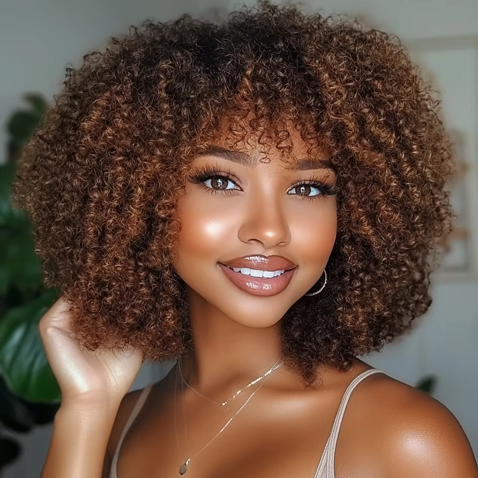Perruques Bob Courtes Bouclées Brunes en Cheveux Humains