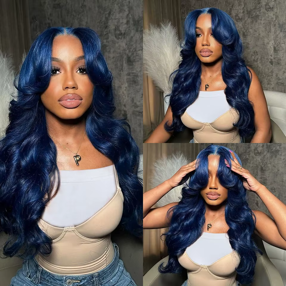 Perruque Lace Frontal Wig synthétique bleu foncé 13x4 HD