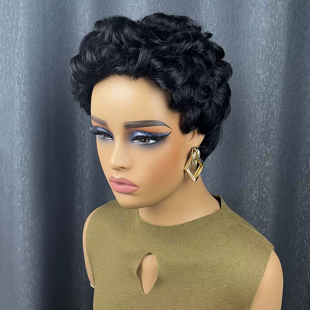 Perruques de cheveux humains courts pour femmes noires bouclés couches coupe lutin perruque Remy
