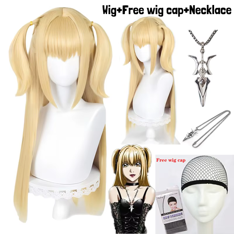 Anime Death note MisaMisa Cosplay perruque Misa Amane longue blonde Double queues résistant à la chaleur cheveux Hallowen fête perruques + bonnet de perruque