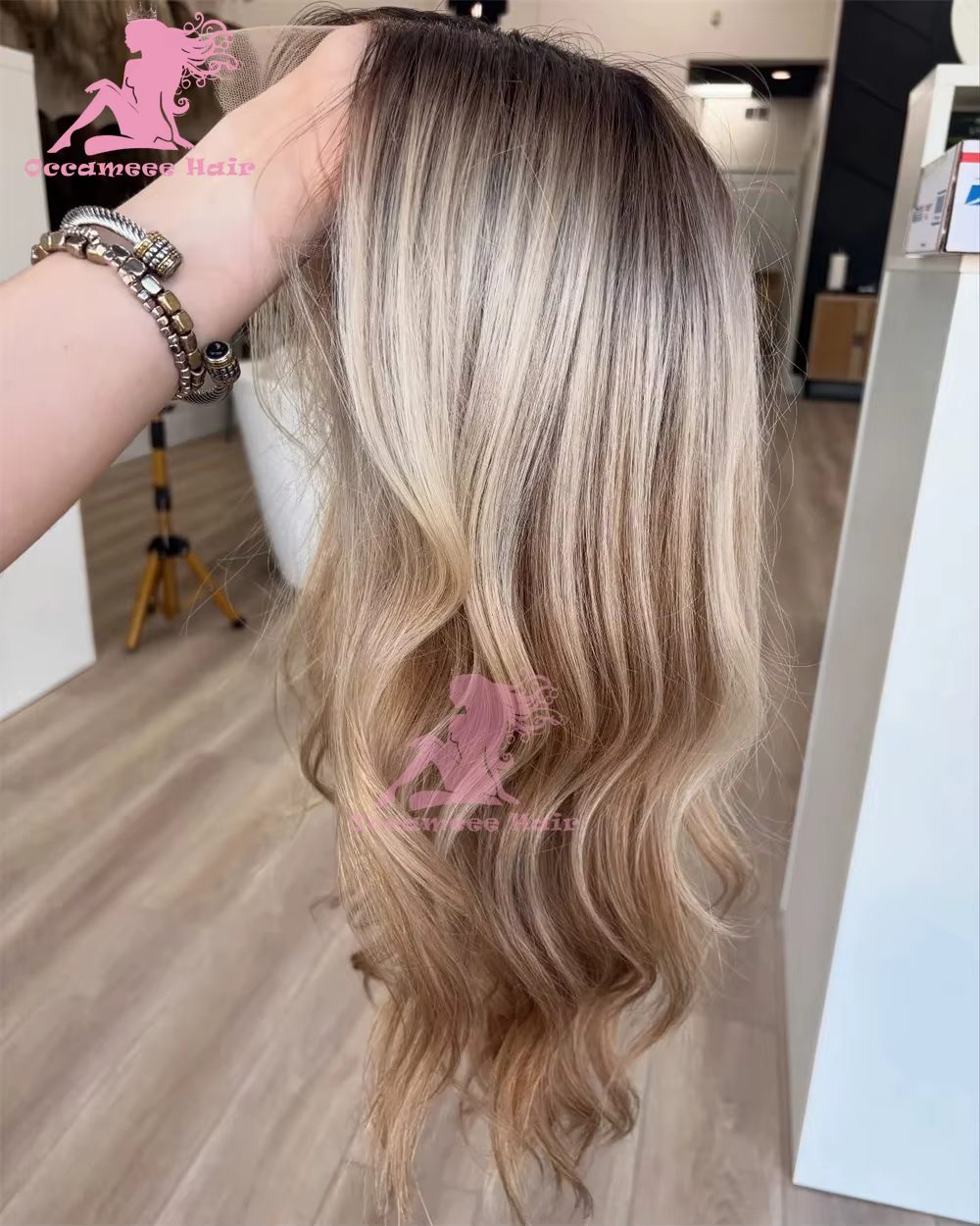Perruque Lace Frontale en Cheveux Humains Body Wave Ombré Blond Cendré avec Mèches