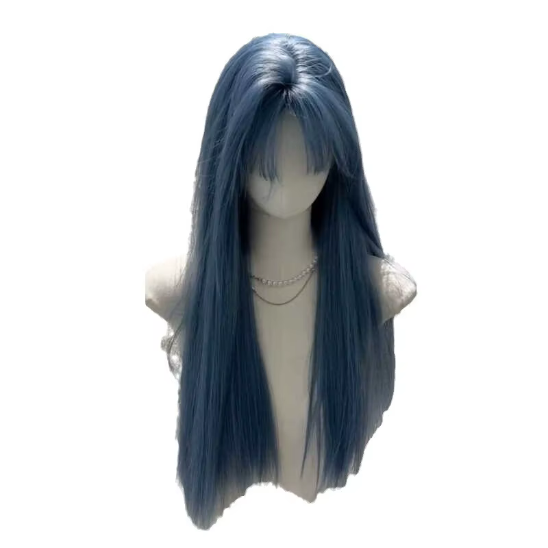 Perruque longue et droite bleu-gris pour femme