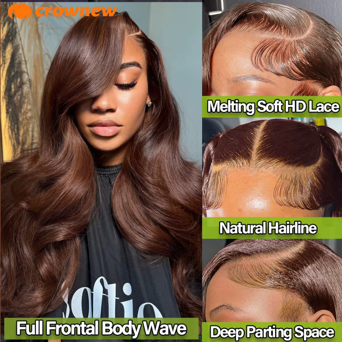 Perruque Lace Front Wig naturelle Body Wave marron chocolat