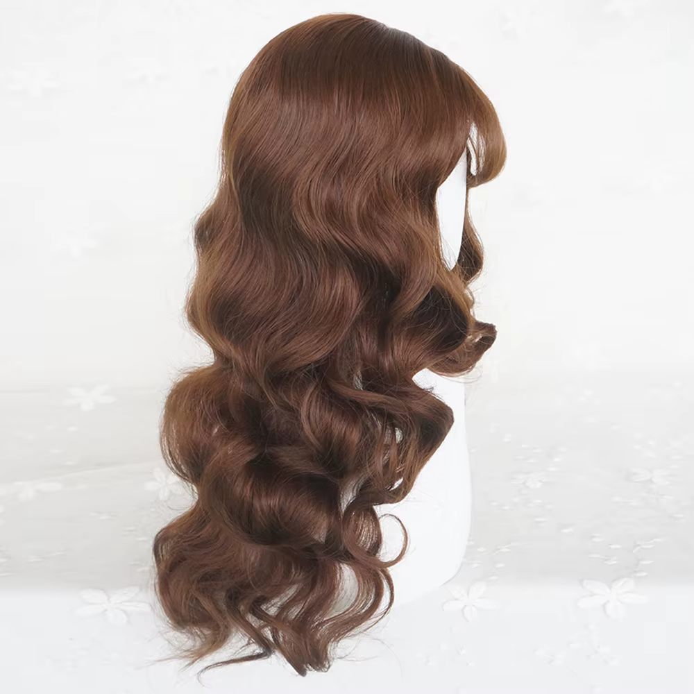 Perruque synthétique longue ondulée marron avec frange pour femmes