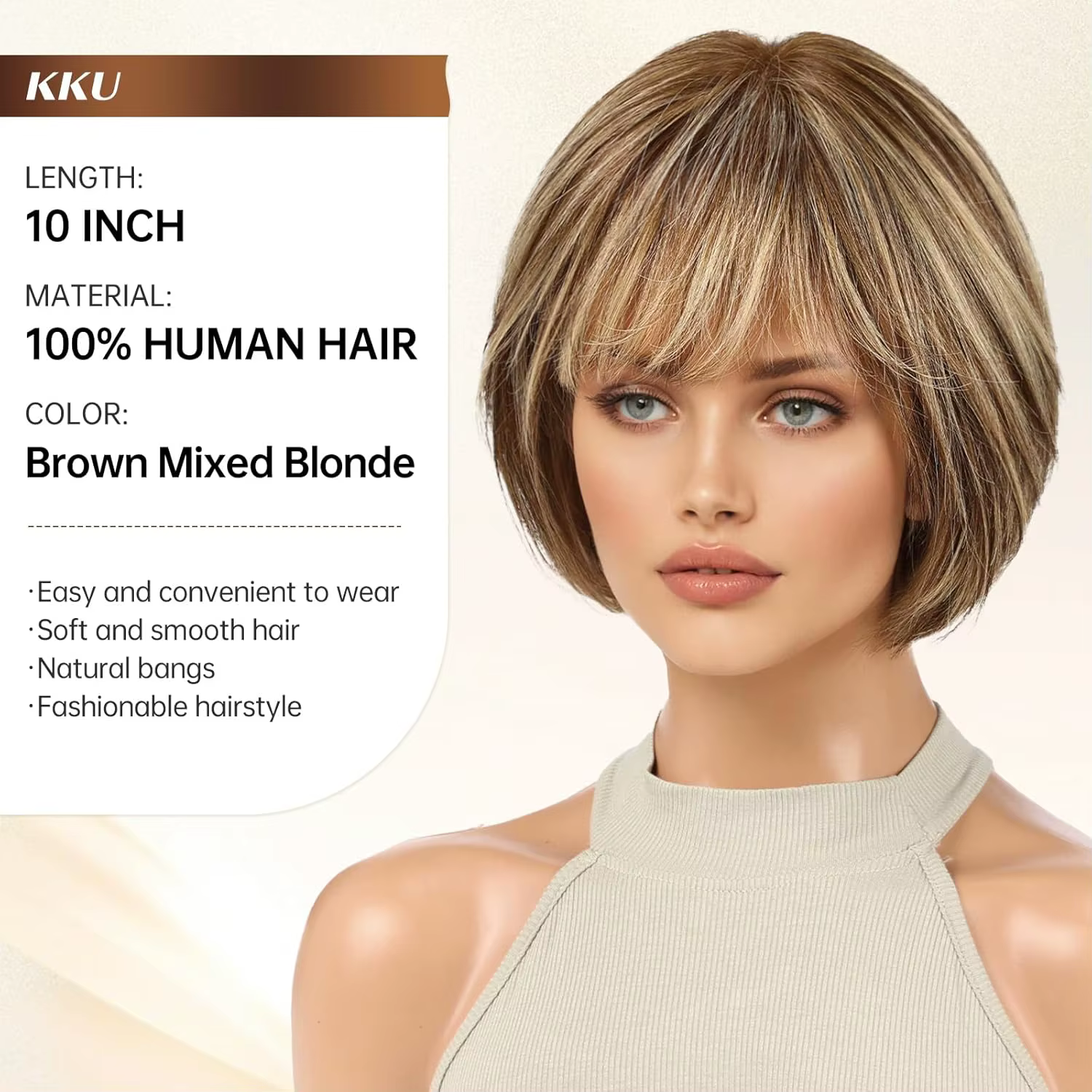 Perruque en cheveux humains bruns mélangés blonds pour femmes avec frange, perruque bob de 10 pouces, cheveux humains bruns lisses naturels et doux, pour les fêtes et le quotidien