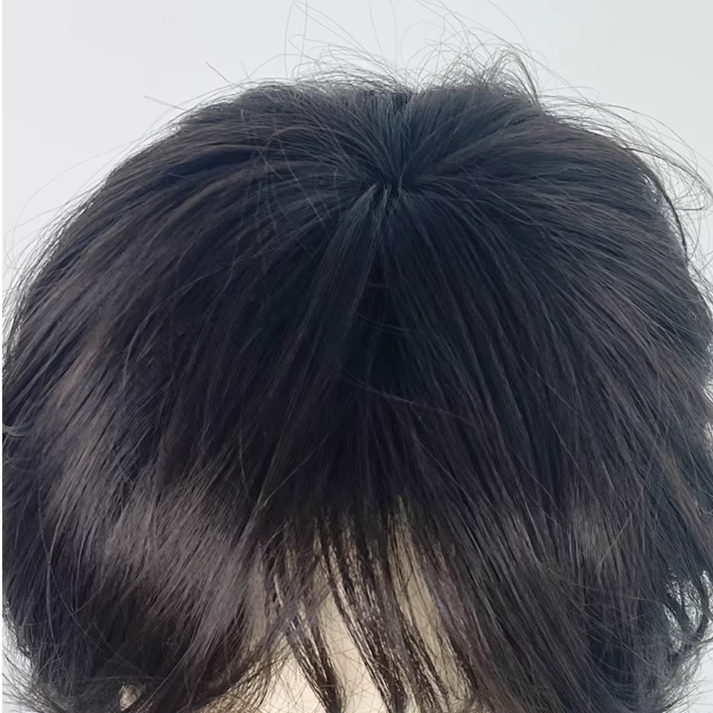 Perruque synthétique courte et lisse noire avec frange pour hommes