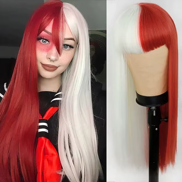 Perruques pour femmes perruque jaune et noire cheveux longs raides