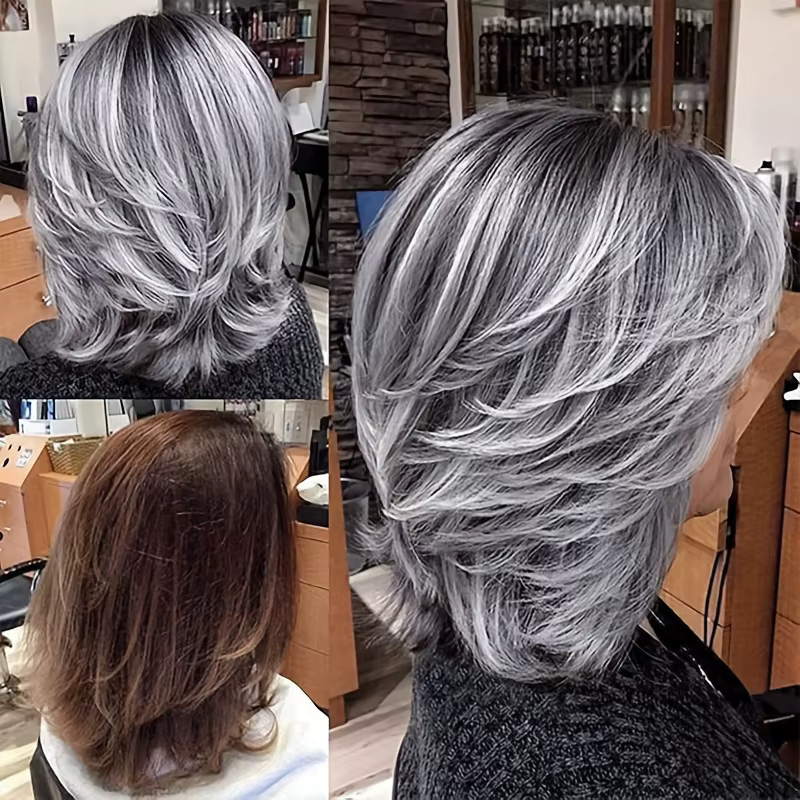 Perruque synthétique courte ondulée gris argenté pour femme