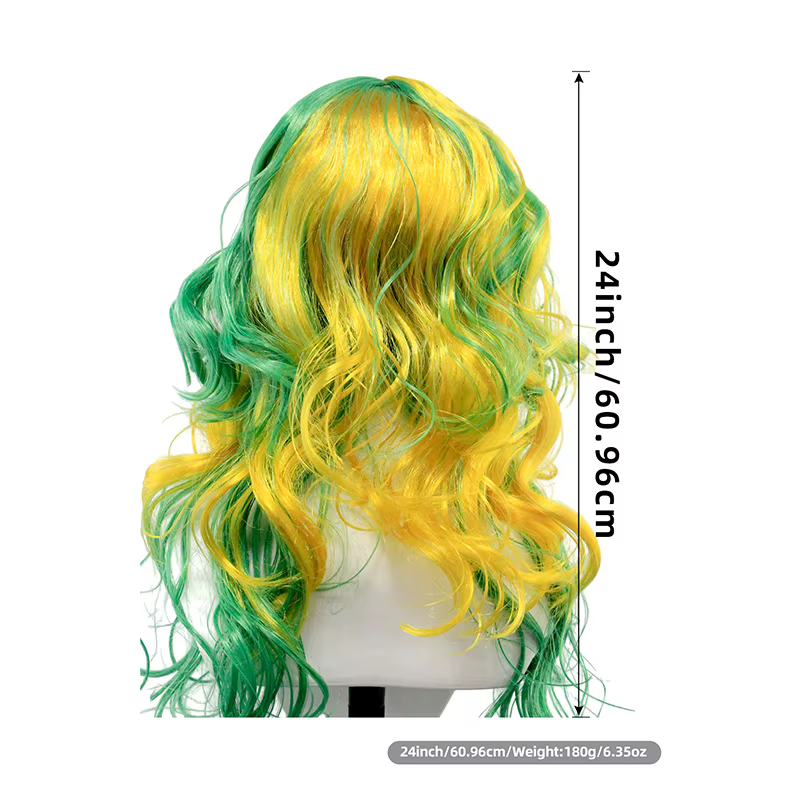 Perruque synthétique longue ondulée ombrée vert-jaune