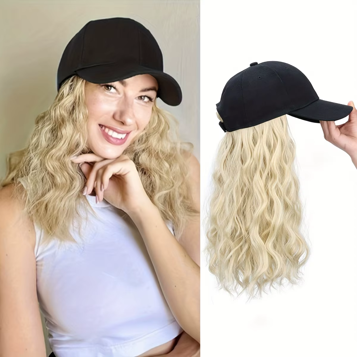 Perruque casquette de baseball en fibres synthétiques avec extensions de cheveux bouclés