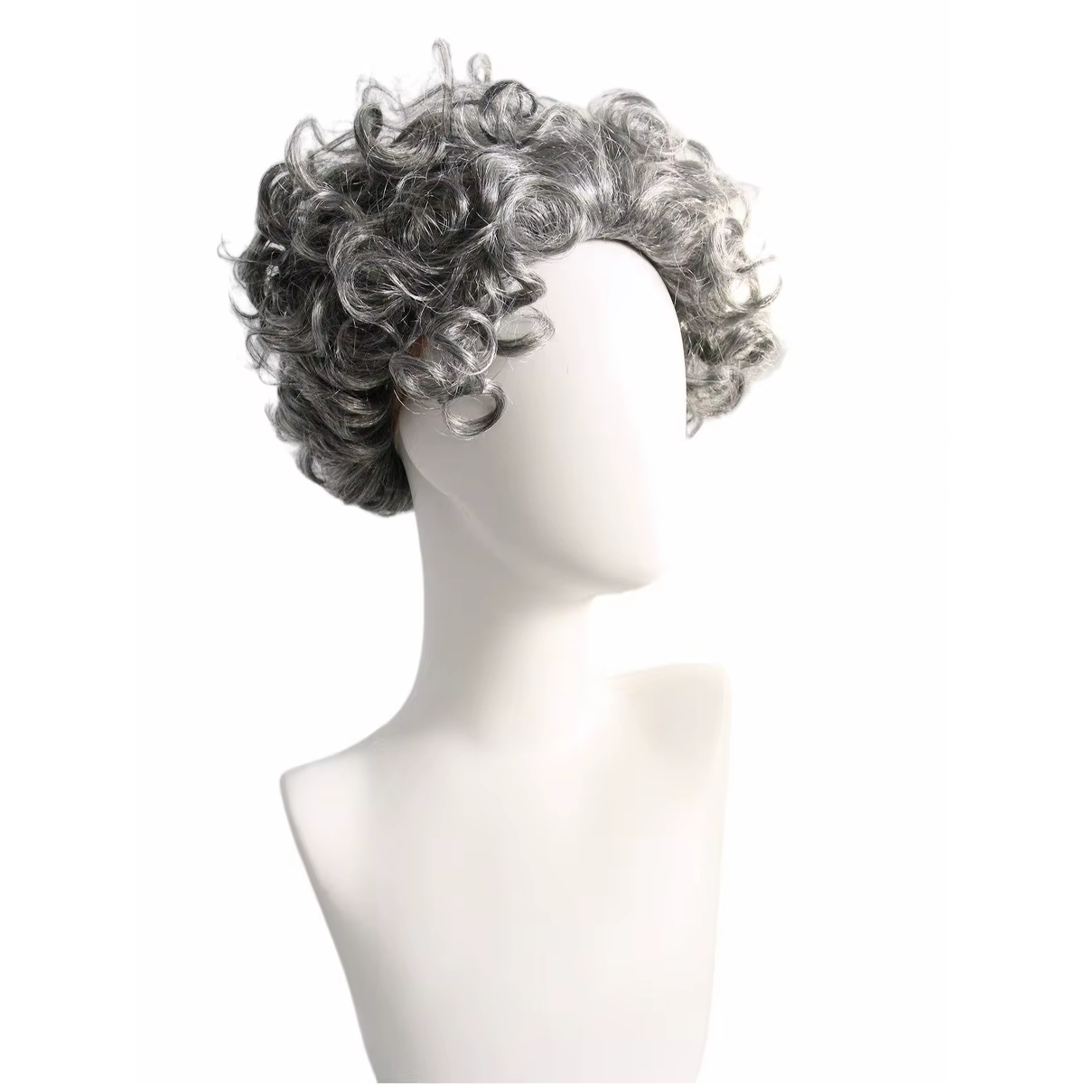 Perruque courte bouclée grise pour femme âgée