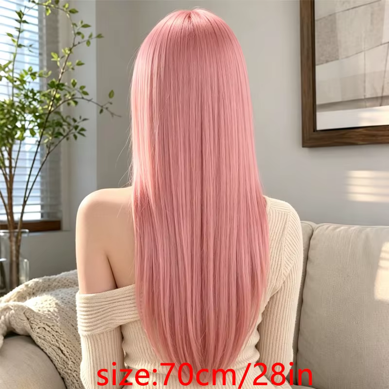 Perruque synthétique élégante rose longue et droite de 28 pouces, soigneusement coiffée avec une raie au milieu, créant un look sophistiqué pour les femmes.