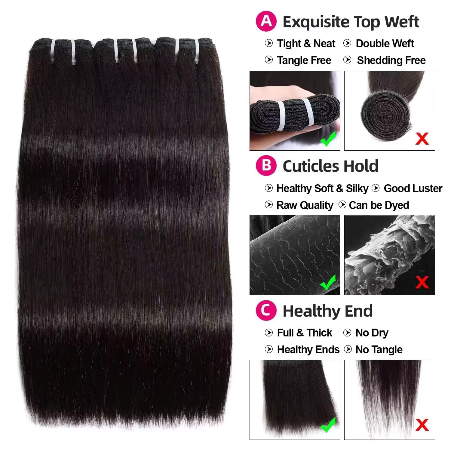 Faisceaux De Cheveux Humains 18 20 22 Pouces Tissage