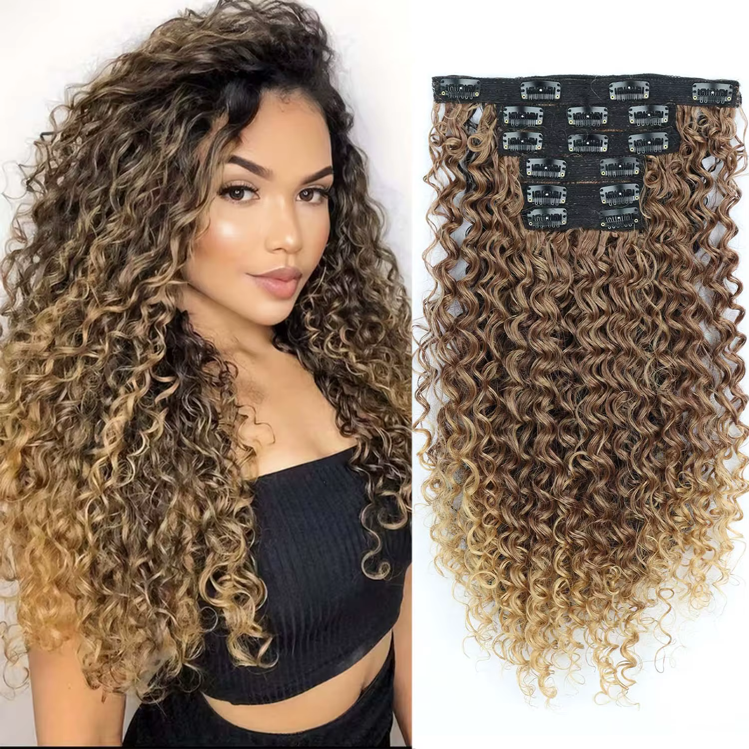 Extensions de cheveux synthétiques bouclées crépues à clipser