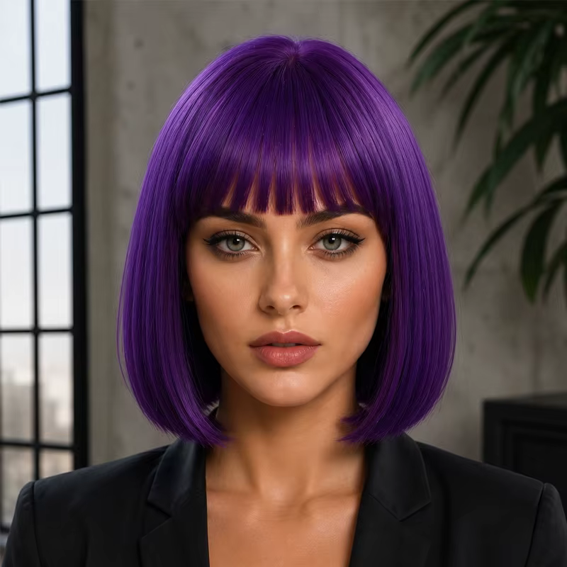 Perruque synthétique violette foncée de 12 pouces avec frange