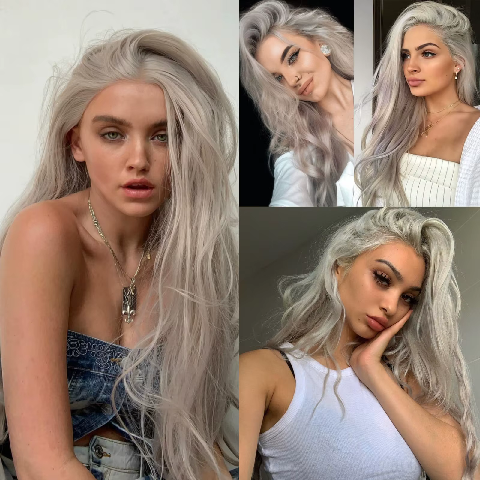Perruque synthétique longue ondulée Blonde cendrée avec raie centrale