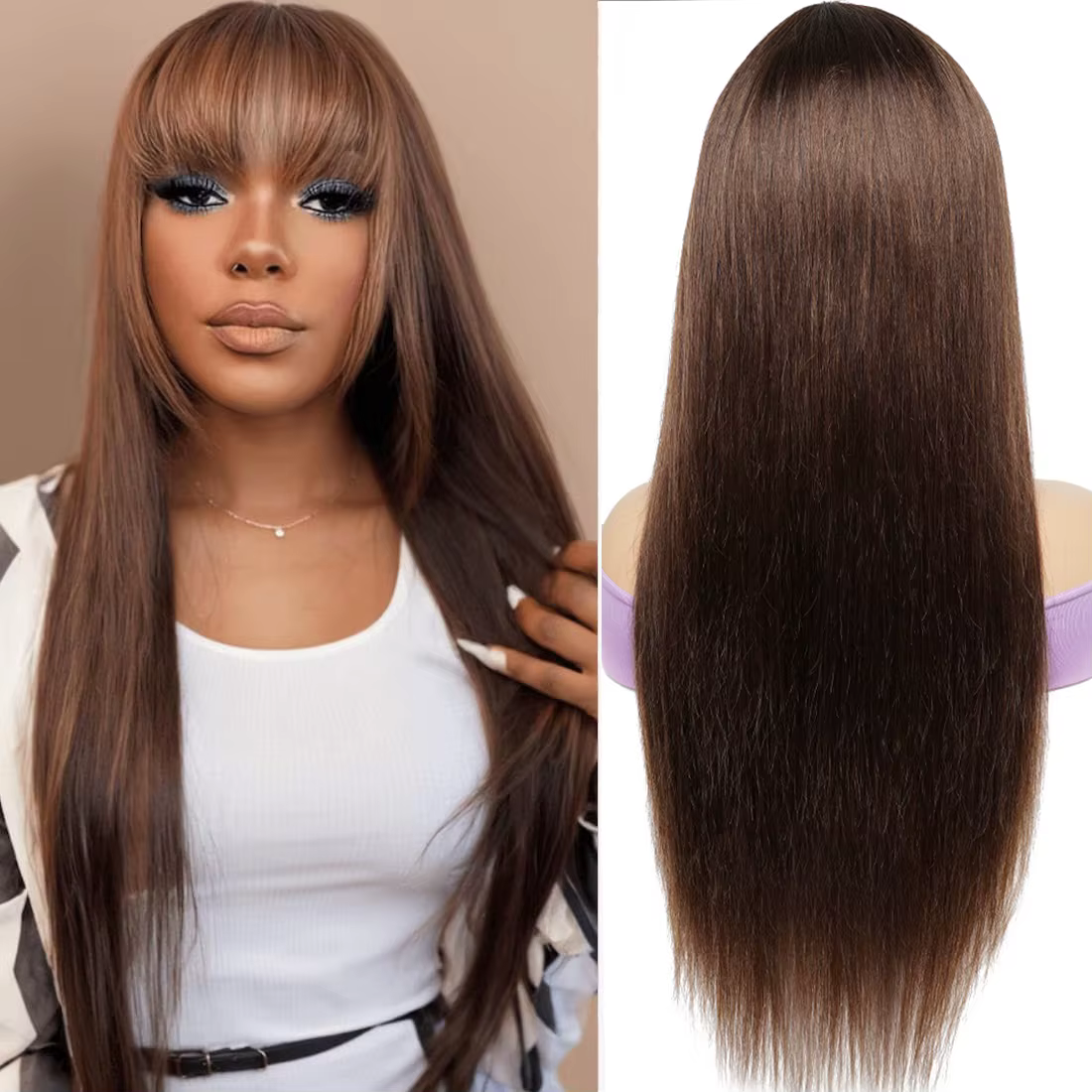 Perruques de cheveux 100% humains, perruque complète avec frange, marron, lisse, faite à la Machine, avec frange, Collection Bobbi