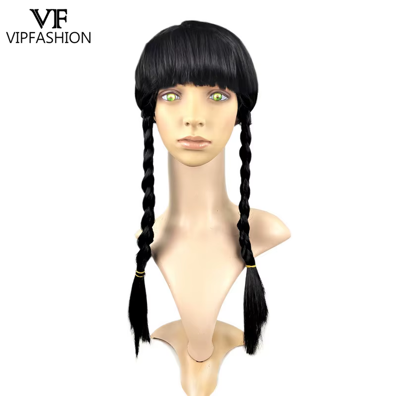 VIP FASHION Girl Halloween Wed. Adddams Cosplay perruque noir Double tresses cheveux partie centrale frange perruques