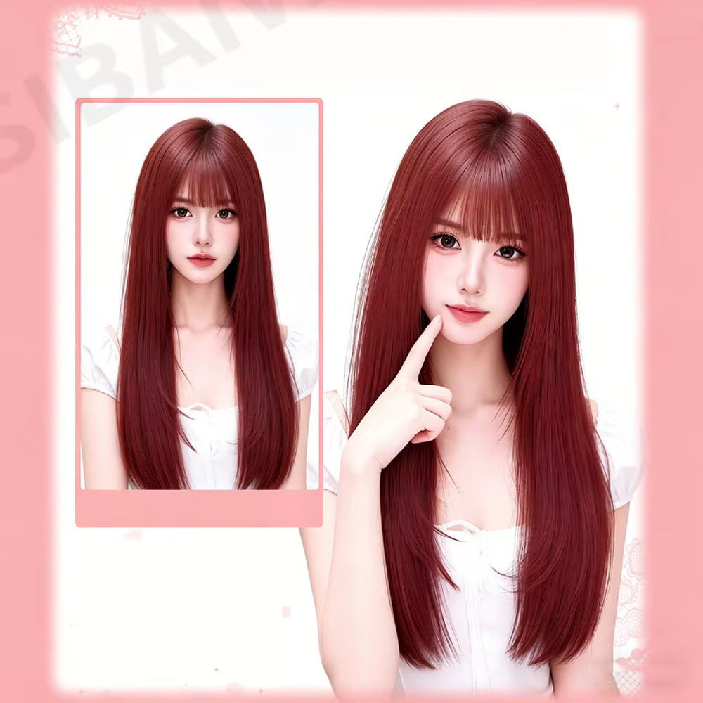 Perruque synthétique longue et droite de haute qualité rouge framboise avec frange, synthétique pour femme, usage quotidien et cosplay, perruque longue pour femme