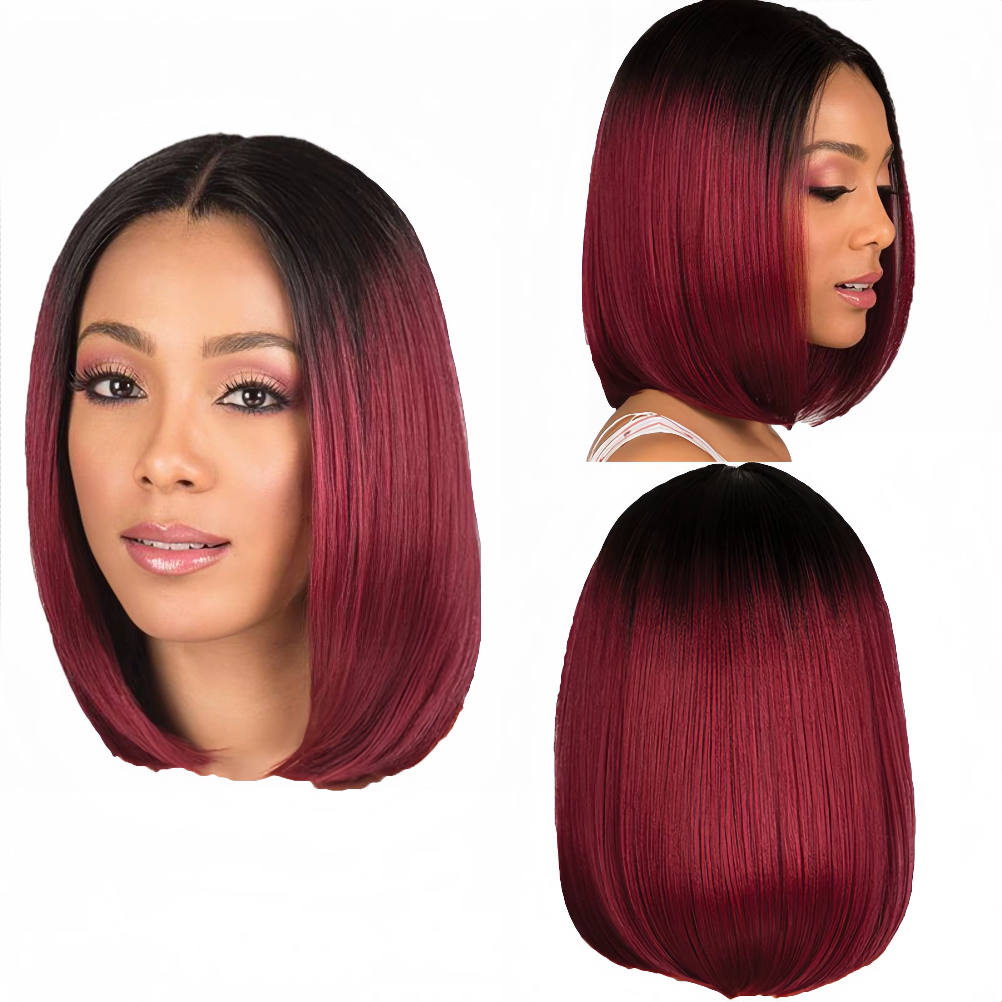 Mode européenne et américaine teint bobo perruque femme cheveux courts raides noir dégradé vin rouge fibre synthétique