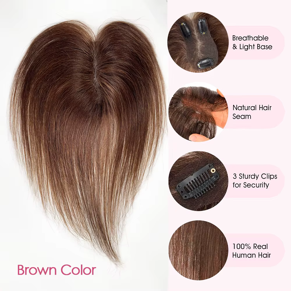 Topper de cheveux humains couleur marron avec frange rideau