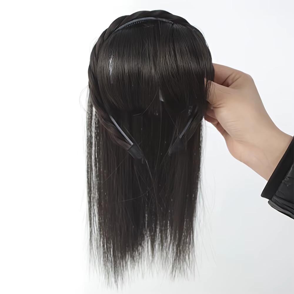 Extensions de cheveux synthétiques lisses effet naturel - Bandeau tressé chic avec postiche à clipser et frange pour femme