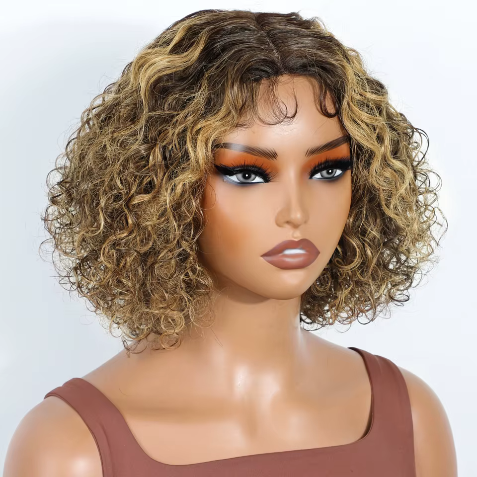 Lekker sans colle Blonde mettre en évidence court bouclés Bob partie centrale dentelle 100% perruques de cheveux